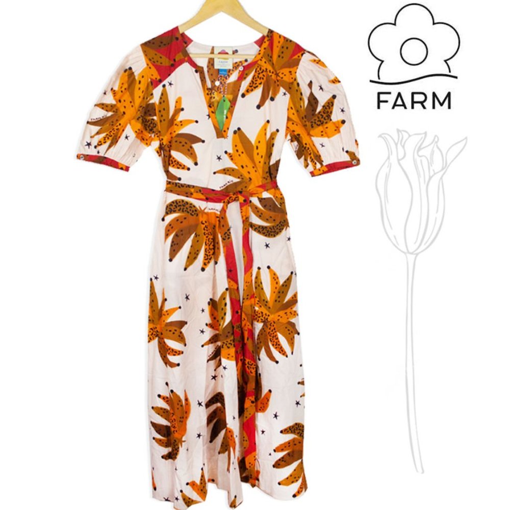 Farm Rio Creme & Brown Banana Puff Sleeve Dress - Picture 1 of 13